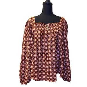 Draper James XXL Brown & Gold Floral Blouse | Long Sleeve NWT